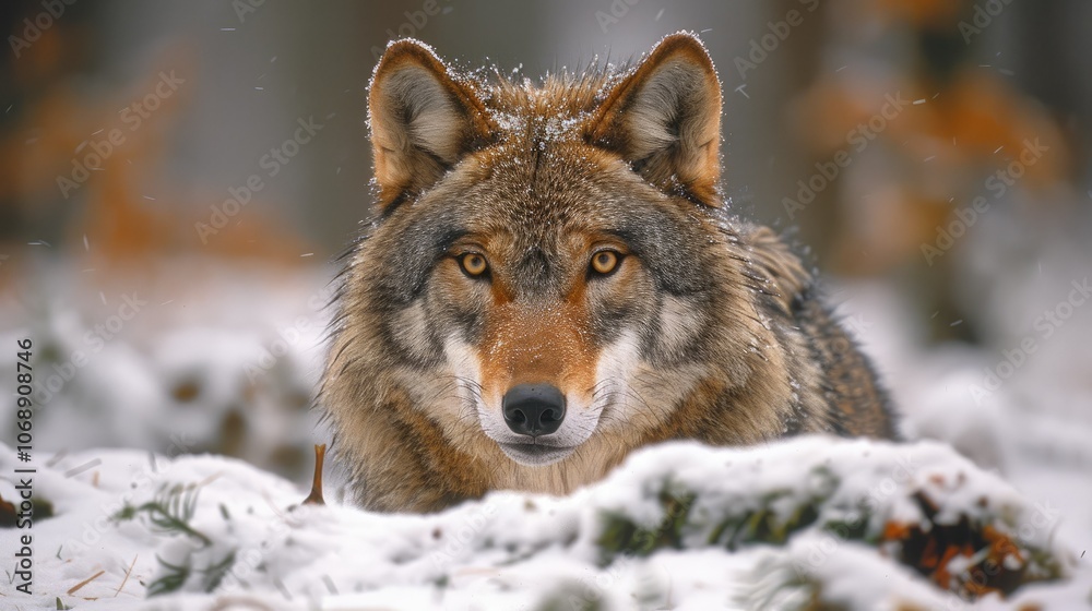Gray wolf (Canis lupus), wolf standing in the snow Gray wolf (Canis lupus), wolf standing in the snow
