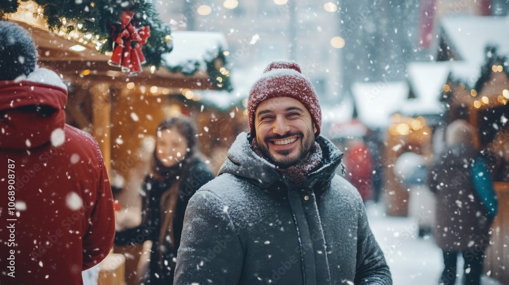 Man enjoying winter festivities at a snowy Christmas market Man enjoying winter festivities at a snowy Christmas market