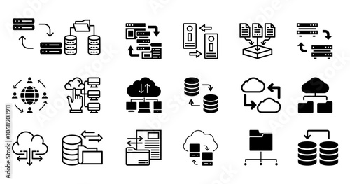 icons related to data exchange, traffic, files, cloud, server. Outline icon collection. Editable stroke and illustration