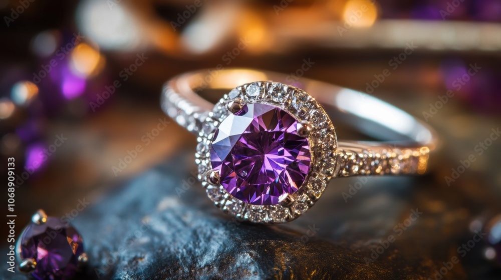 Stunning purple gemstone ring with detailed silver band on display Stunning purple gemstone ring with detailed silver band on display
