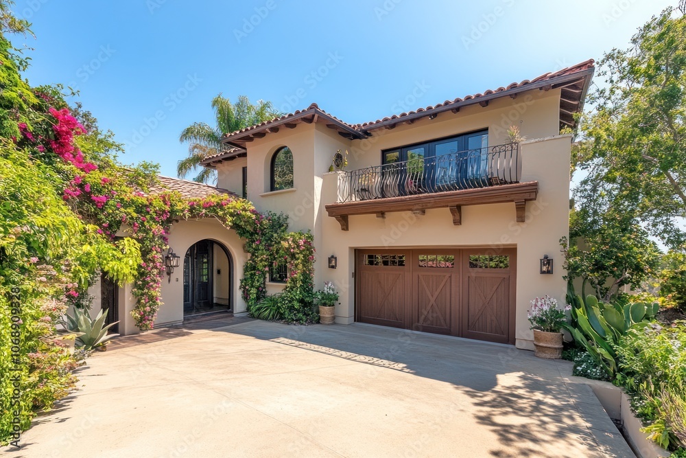 A charming Mediterranean-style house with lush greenery and vibrant flowers. A charming Mediterranean-style house with lush greenery and vibrant flowers.