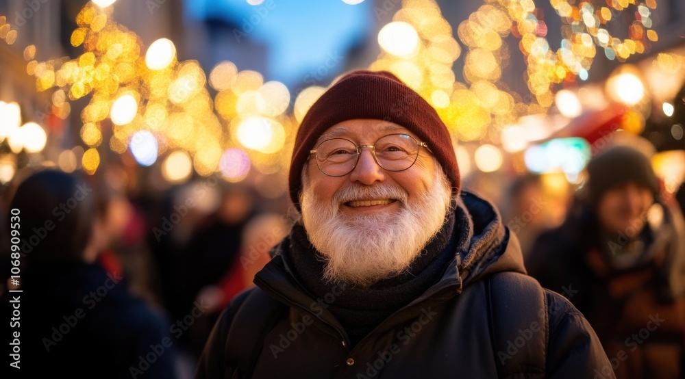 Obraz premium Smiling elderly man enjoys festive lights at winter market evening