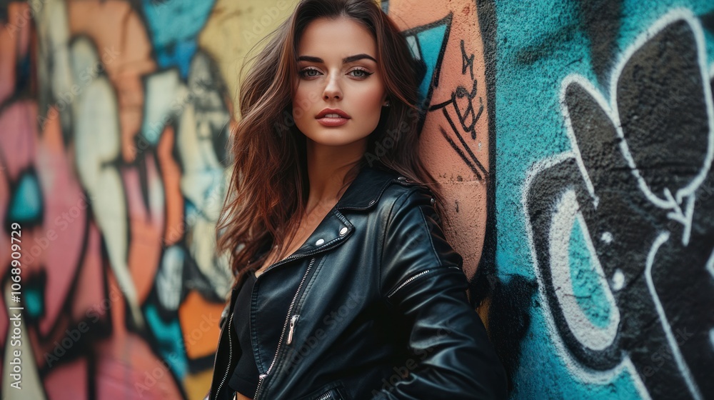 Naklejka premium An attractive woman in a stylish leather jacket, posing confidently against a graffiti-covered urban wall