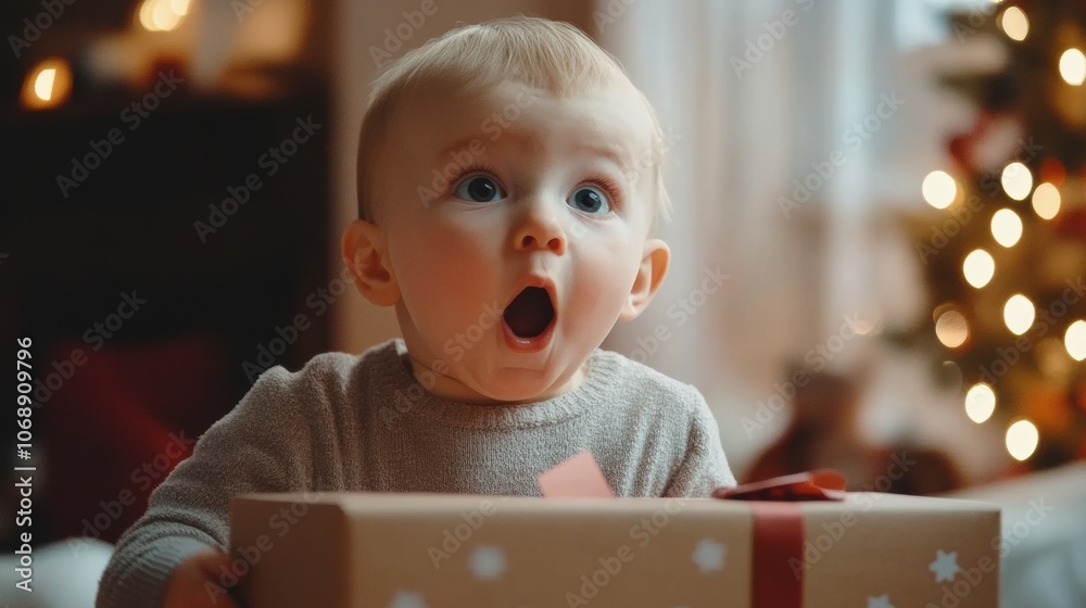 Excited baby discovering a gift during a festive celebration at home Excited baby discovering a gift during a festive celebration at home