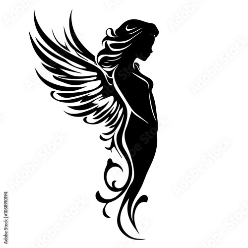 A graceful angel with flowing hair and detailed wings, evoking a sense of tranquility and beauty through its elegant, minimalist design