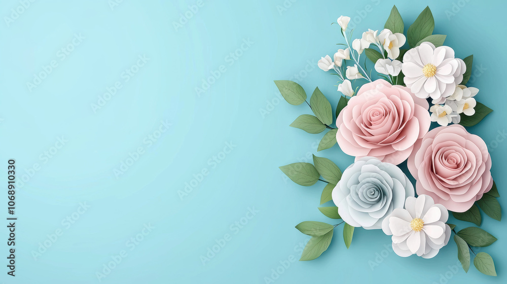A beautiful arrangement of pastel-colored flowers against a light blue background, featuring roses and delicate foliage, creating a serene and elegant atmosphere. A beautiful arrangement of pastel-colored flowers against a light blue background, featuring roses and delicate foliage, creating a serene and elegant atmosphere.