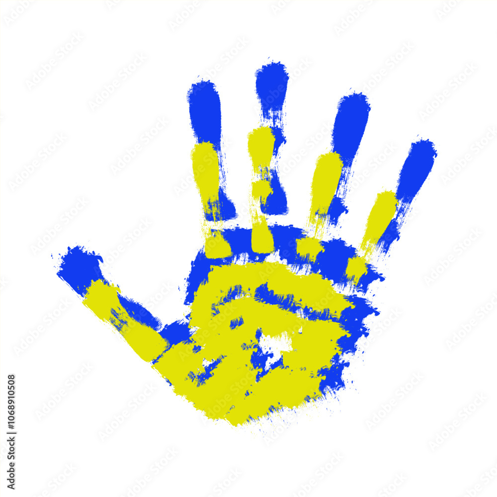 Two hands in the colors of the flag of Ukraine. Handprint with the image of the flag of Ukraine. Two hands in the colors of the flag of Ukraine. Handprint with the image of the flag of Ukraine.