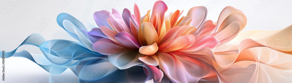 Obraz premium vibrant digital artwork of flower with layered petals in pastel colors, blending seamlessly into soft, abstract background. composition evokes sense of celebration and beauty