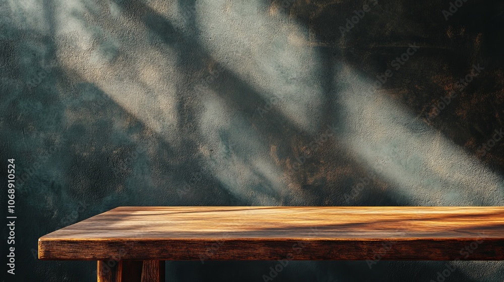 Wood table set on a dark abstract background with earthy tones and shadows; a warm mock-up for product displays Wood table set on a dark abstract background with earthy tones and shadows; a warm mock-up for product displays