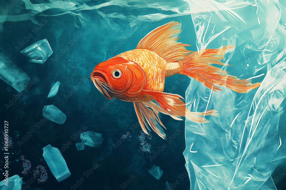 Illustration of a goldfish swimming in polluted water near plastic garbage, concept of environmental protection Illustration of a goldfish swimming in polluted water near plastic garbage, concept of environmental protection