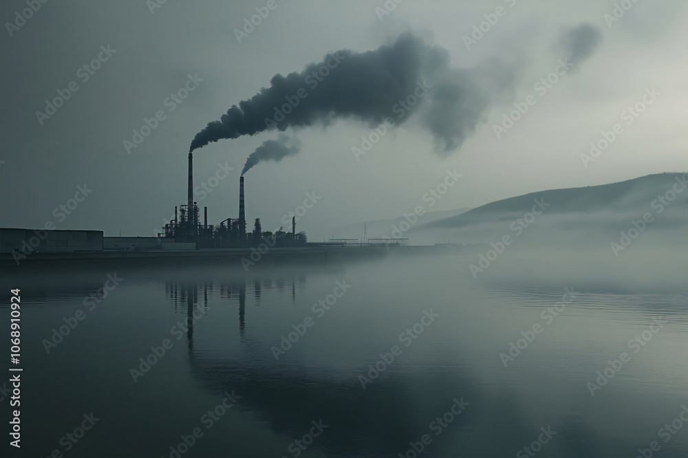 Smoke billowing from industrial chimneys polluting the atmosphere above a misty river at dawn Smoke billowing from industrial chimneys polluting the atmosphere above a misty river at dawn