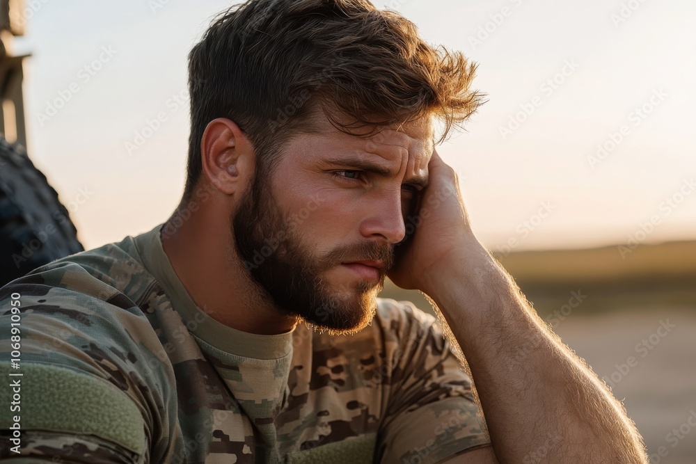 A serious soldier in camouflage reflects at dusk, leaning on his hand, symbolizing resilience and contemplation as the day's light fades over an open desert. A serious soldier in camouflage reflects at dusk, leaning on his hand, symbolizing resilience and contemplation as the day's light fades over an open desert.
