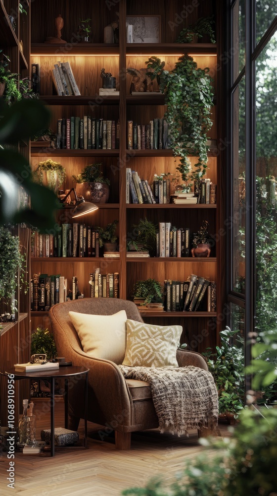Cozy Reading Corner in Living Room with Wooden Bookshelf, Books, and Plants Cozy Reading Corner in Living Room with Wooden Bookshelf, Books, and Plants