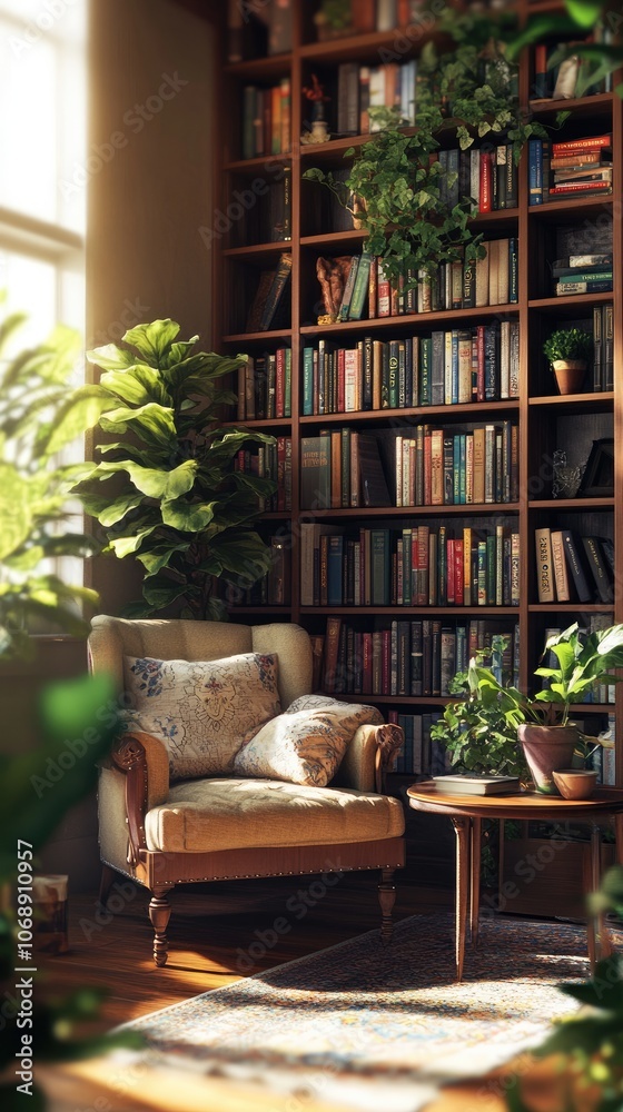 Cozy Reading Corner in Living Room with Wooden Bookshelf, Books, and Plants Cozy Reading Corner in Living Room with Wooden Bookshelf, Books, and Plants