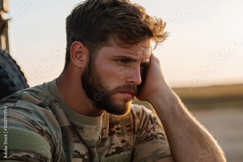 A serious soldier in camouflage reflects at dusk, leaning on his hand, symbolizing resilience and contemplation as the day's light fades over an open desert.