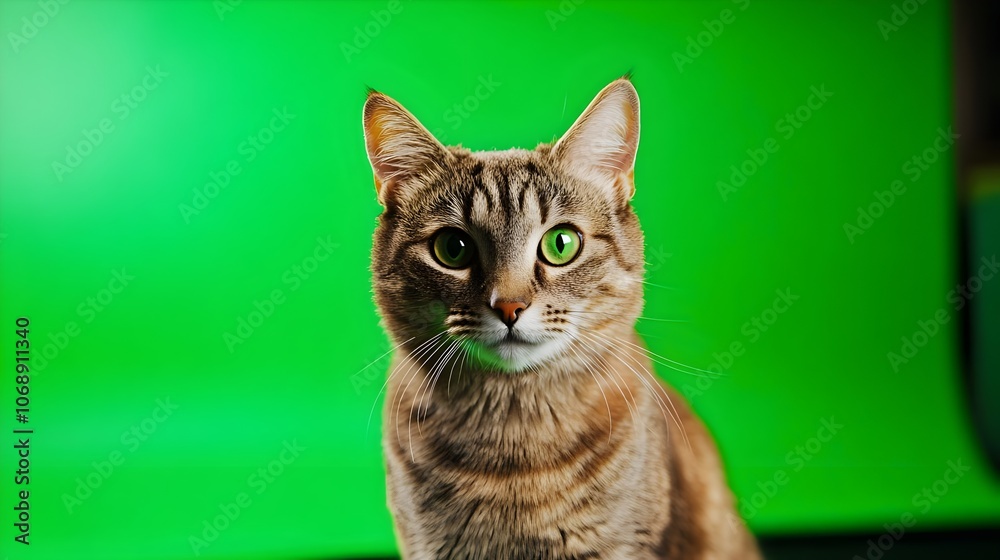 Obraz premium Portrait of a cat on a green background in the studio. Cat with green screen, chroma screen background image. Cat Studio photo, image . Concept for animal, zoology and capture for adverb. and banner
