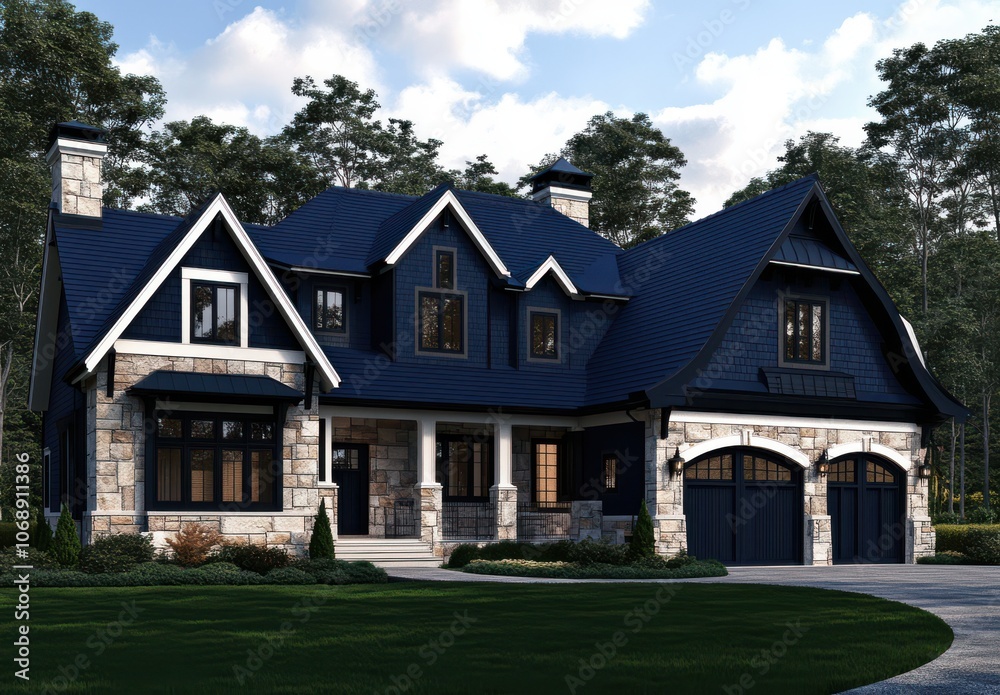 3D rendering of luxury modern farmhouse with navy roof and stone accents 3D rendering of luxury modern farmhouse with navy roof and stone accents