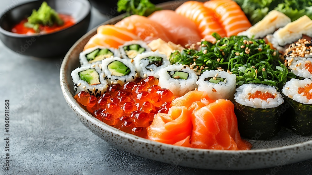 Fresh Sushi Rolls with Salmon Avocado and Tobiko on White Plate Fresh Sushi Rolls with Salmon Avocado and Tobiko on White Plate