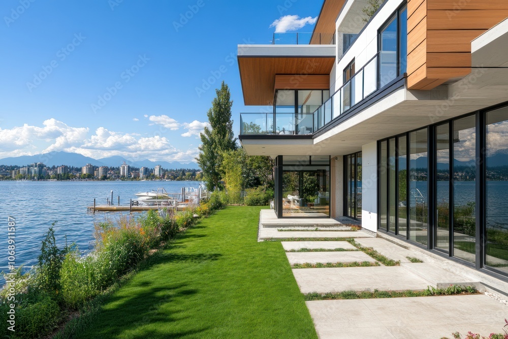 Modern lakeside home with a landscaped yard and mountain backdrop. Modern lakeside home with a landscaped yard and mountain backdrop.