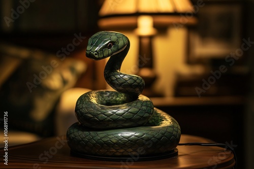 Green wooden snake sculpture standing on a table, with a vintage lamp in the background photo