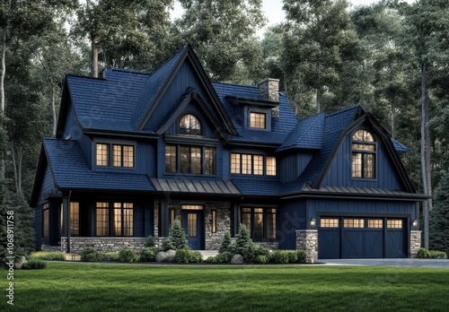 3D rendering of luxury modern farmhouse with navy roof and stone accents