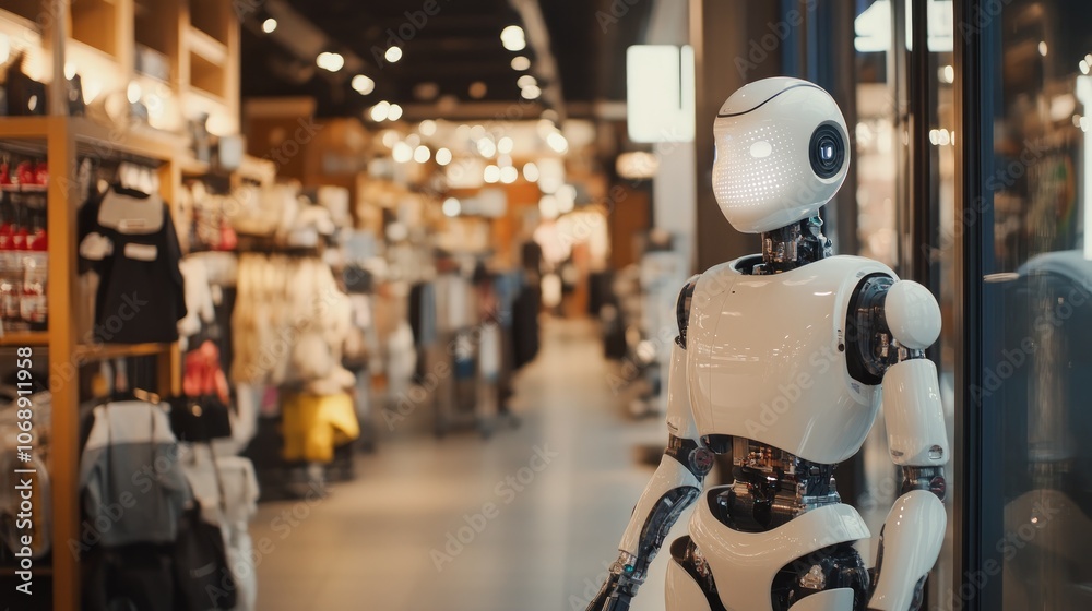 A white humanoid robot stands in a retail store. A white humanoid robot stands in a retail store.