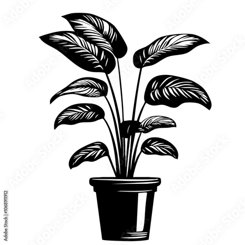 Stylish black and white vector illustration of a potted plant with lush leaves, designed to enhance home decor and bring nature indoors at any time