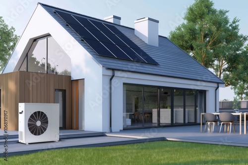 3D Illustration of Eco-Friendly House with Solar Panels and Heat Pump