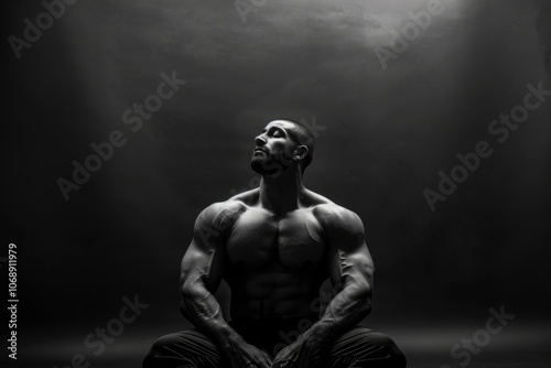 Athlete Black And White. Male Fitness Model with Muscular Abs and Healthy Body