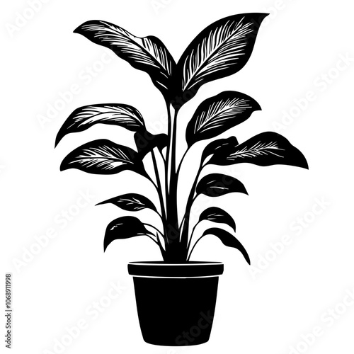 Stylish vector illustration of a tropical potted plant with lush green leaves, perfect for interior decor, nature-themed designs, or botanical graphics