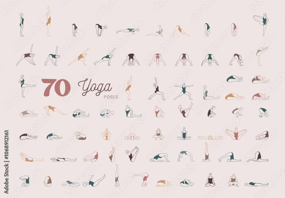 Yoga poses line drawing clipart set, 70 yoga meditation doodles bundle