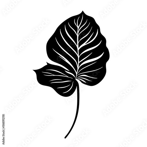 Black silhouette of a tropical leaf showcasing intricate vein patterns, perfect for nature-themed designs and backgrounds