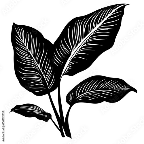 Stylishly designed black silhouette of tropical leaves showcasing intricate vein patterns, ideal for decorative use in modern design contexts