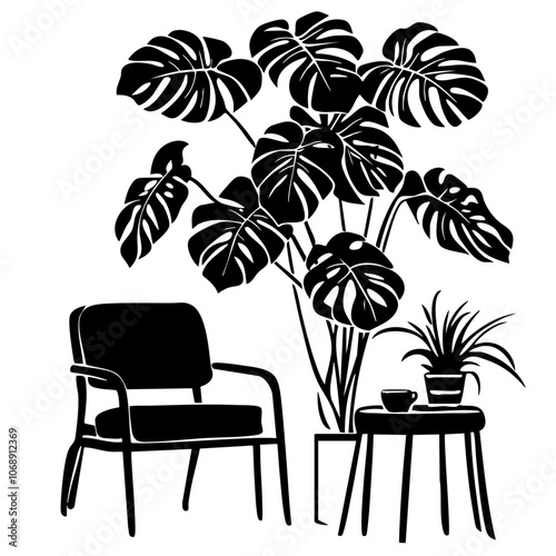 Cozy indoor seating arrangement featuring a stylish chair, leafy plant, and decorative table with a potted plant and cup, perfect for relaxation in a modern setting