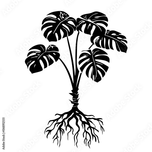 Stylized vector illustration of a Monstera plant with distinct leaves and roots, showcasing the beauty of tropical flora in a minimalistic design suitable for various projects