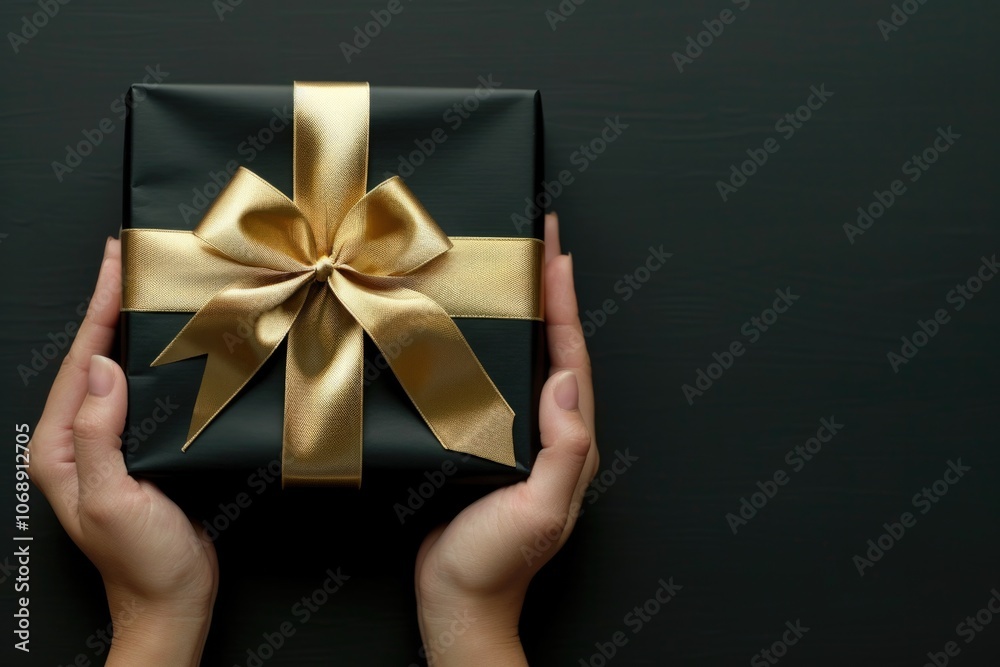 Black And Gold Gift. Female Hand Holding Birthday Present Top View on Black Surface