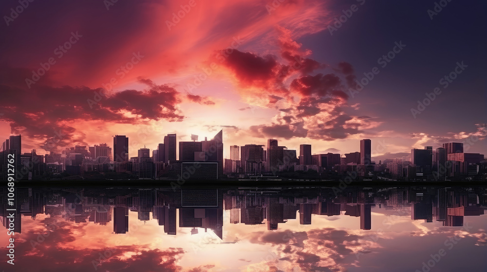 Fototapeta premium Stunning Urban Sunset Reflection Over Water