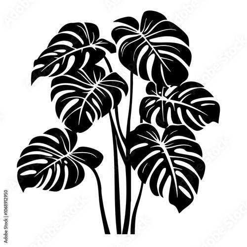 A striking black vector illustration of lush monstera leaves showcasing intricate cuts and detailed patterns in an elegant arrangement