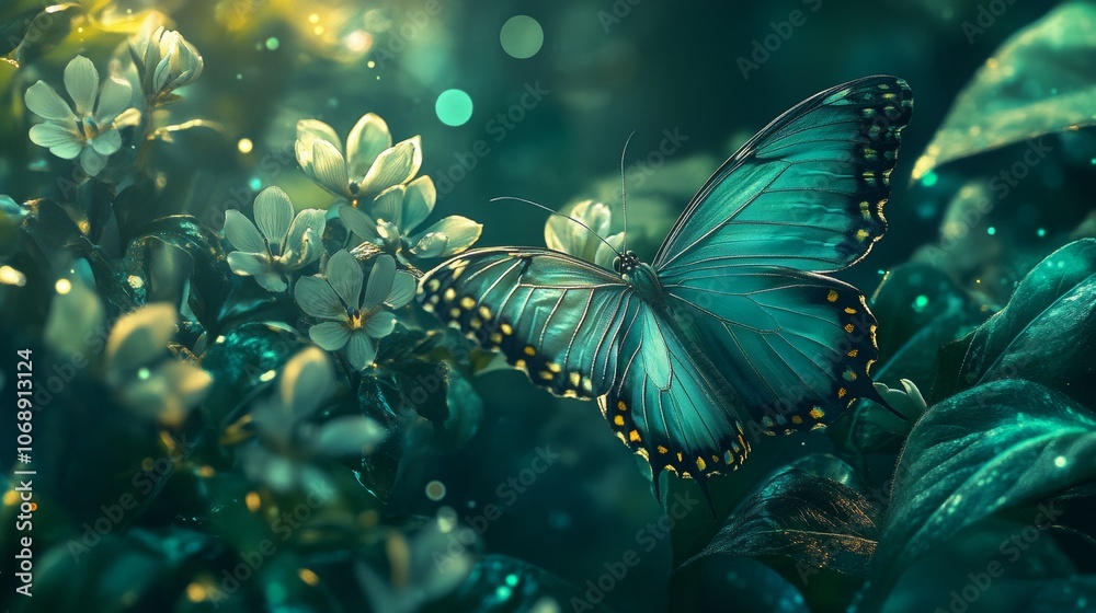 Butterfly resting on a vibrant green flower, nature-inspired close-up. Butterfly resting on a vibrant green flower, nature-inspired close-up.