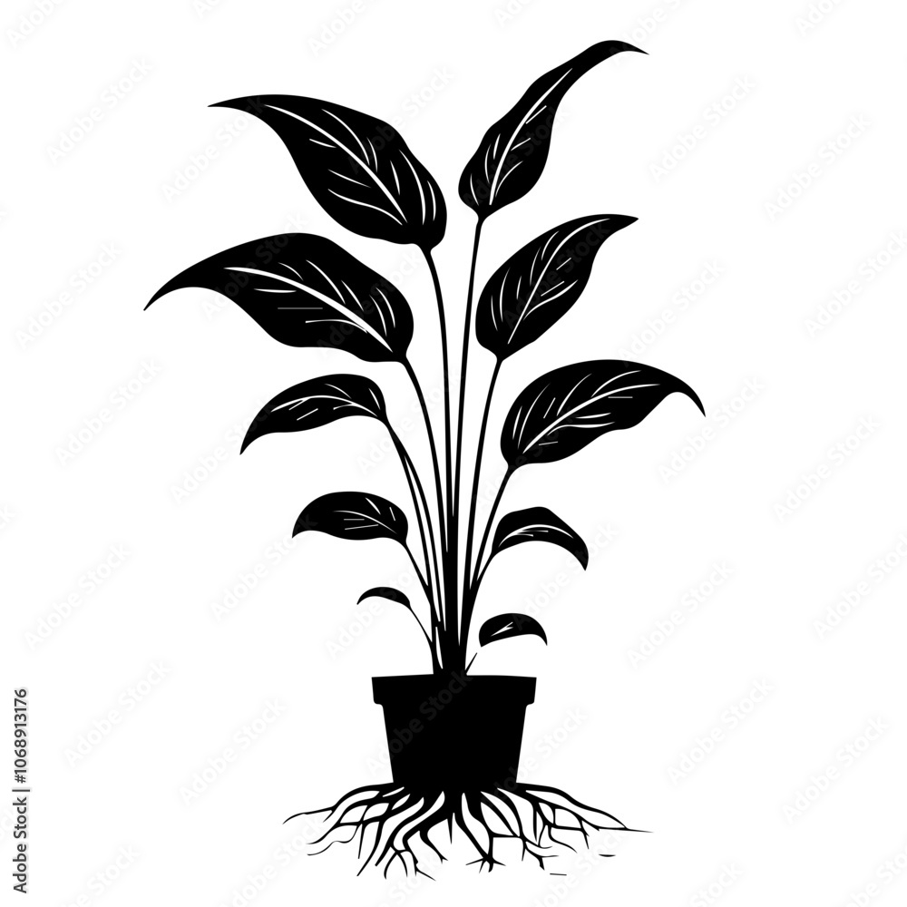 A detailed vector illustration of a peace lily plant with prominent leaves and roots, showcasing its natural beauty and elegance in a minimalist design style