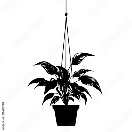 A minimalist vector illustration of a peace lily plant in a hanging pot, showcasing its elegant leaves and unique form against a simplistic backdrop