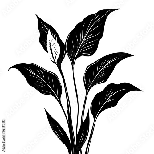 A detailed vector illustration of a peace lily plant showcasing its elegant green leaves and distinctive white flower, perfect for botanical designs and nature-themed projects