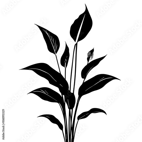 A stylish and modern depiction of a peace lily plant featuring elegant leaves and floral blooms, perfect for home decor or botanical illustrations in various design projects