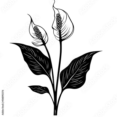 Stylized illustration of a peace lily plant showcasing elegant leaves and blossoms, ideal for botanical design, home decor, or artistic projects reflecting nature's beauty