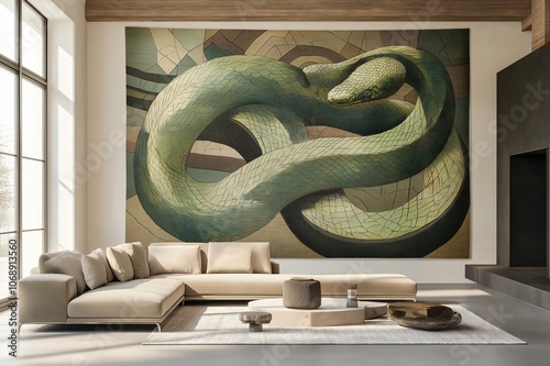 Modern living room with large windows featuring a large tapestry depicting a coiled green snake, adding a touch of nature and artistry