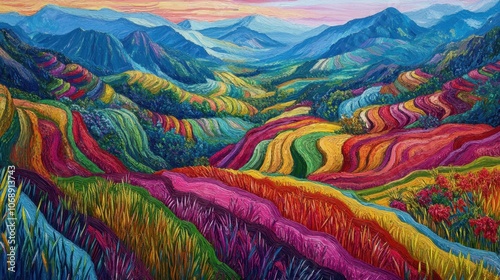 Vibrant Colorful Landscape with Rolling Fields