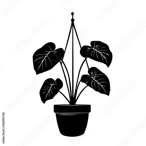 Stylish silhouette of a potted houseplant featuring heart-shaped leaves and a decorative support structure in a minimalistic design ideal for home decor and botanical themes