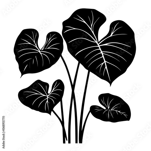 Stylized black vector illustration of heart-shaped leaves featuring intricate vein patterns, ideal for botanical designs and nature-inspired projects