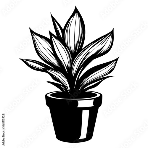 Illustration of a stylized potted plant featuring elongated leaves, captured in a minimalist black and white design showcasing nature's beauty