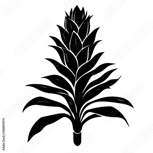 Abstract black silhouette of a tropical plant with elongated leaves and a spiraled flower structure, showcasing intricate details of its natural beauty without a background
